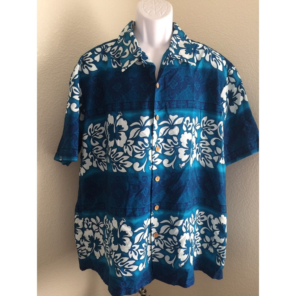 Ten 2 One Vintage Polyester‎ Hawaiian Shirt Hibiscus Leaves Blue Print Size XL
